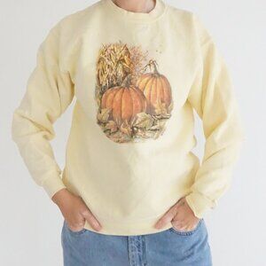 Vintage Lee Yellow Pumpkin Cornstalk Harvest Crewneck Sweatshirt Cottagecore S